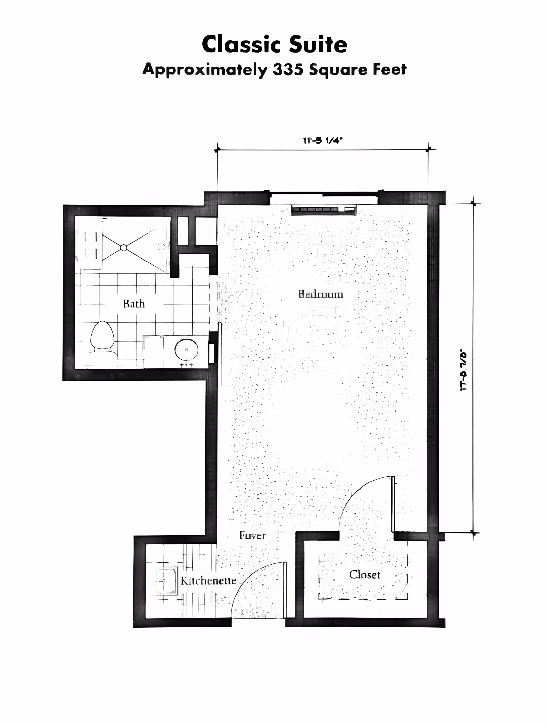 Floor plan of a Classic Suite approximately 335 square feet, showing a bedroom, bath, kitchenette, foyer, and closet with dimensions.