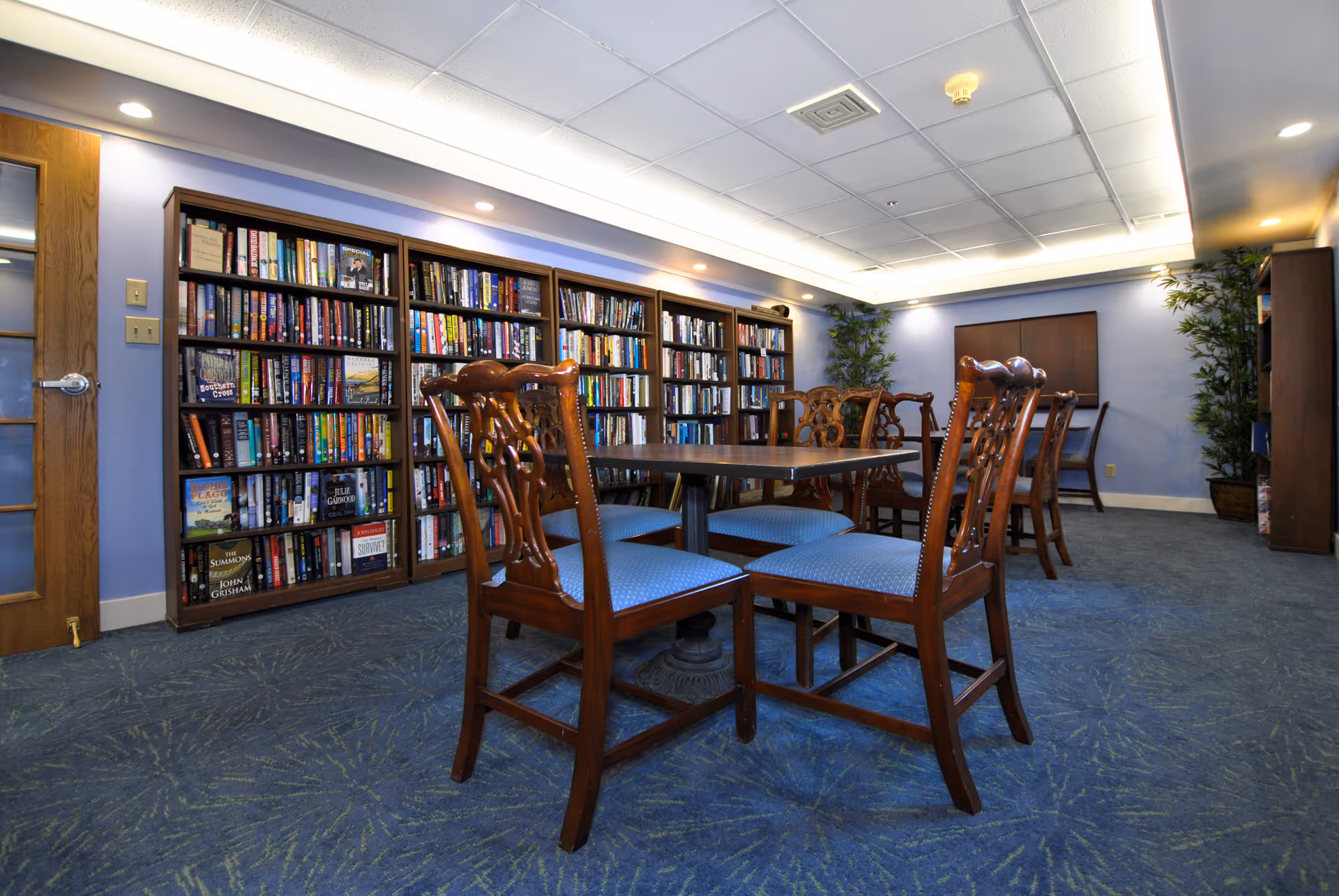 A cozy library room with wooden bookshelves filled with books along the wall, a rectangular table surrounded by wooden chairs with blue upholstered seats, blue carpet with a subtle pattern, and potted plants in the corners. The walls are painted light blue and the ceiling has recessed lighting.