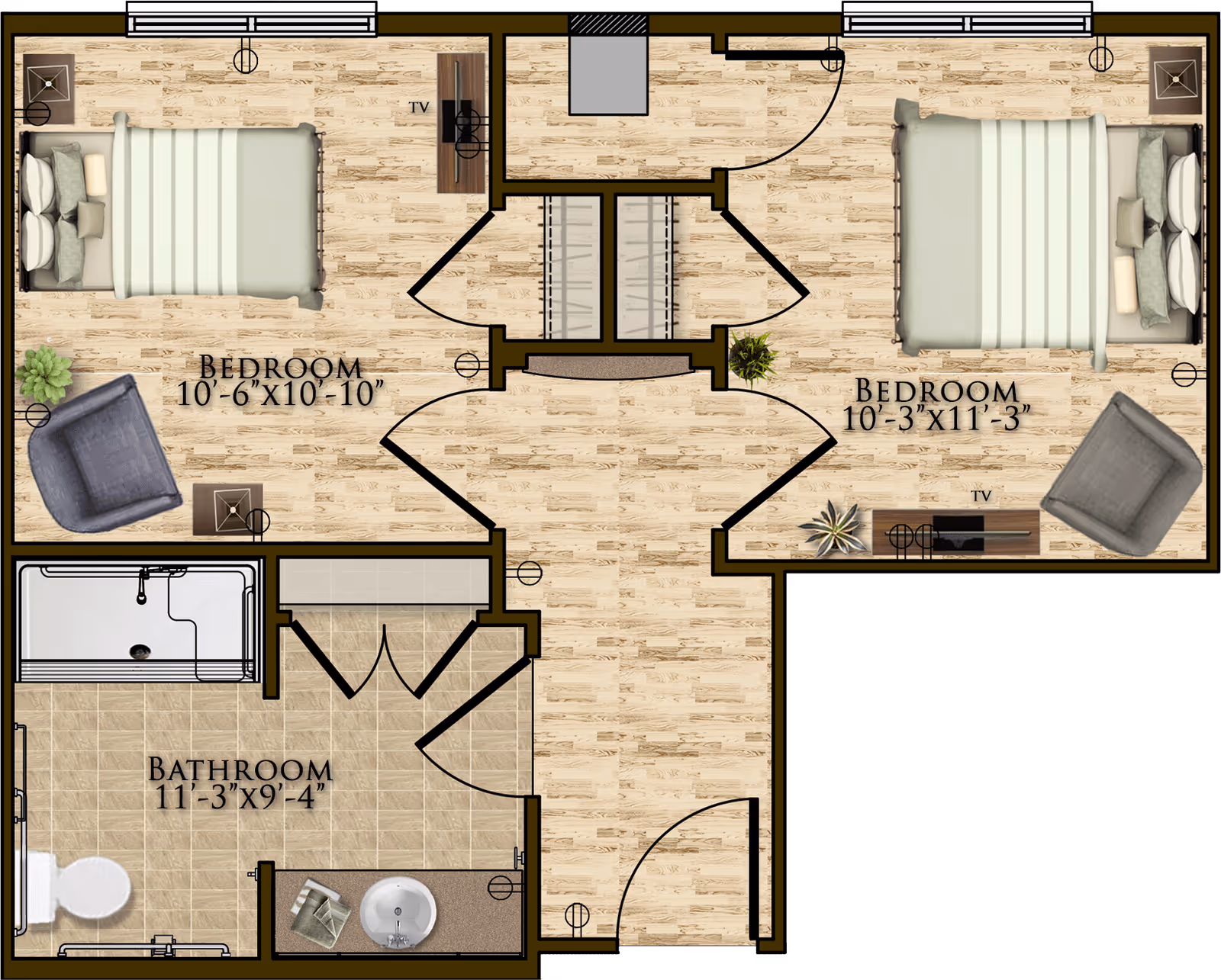 Floor plan of a living space at Harmony At Bellevue showing two bedrooms and one bathroom. Each bedroom contains a bed, nightstand, chair, and TV. The bathroom includes a bathtub, toilet, and sink. The floor has a wood pattern except the bathroom which has tile flooring.