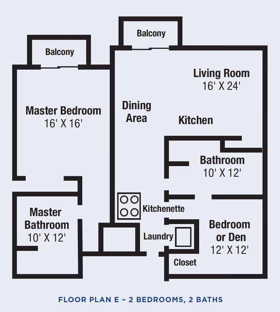 Floor plan labeled Floor Plan E showing a layout with 2 bedrooms and 2 bathrooms. The master bedroom measures 16 by 16 feet and has an attached master bathroom measuring 10 by 12 feet and a balcony. The living room measures 16 by 24 feet and includes a dining area and kitchen. There is a second bathroom measuring 10 by 12 feet, a bedroom or den measuring 12 by 12 feet with a closet, a kitchenette, laundry area, and a second balcony.