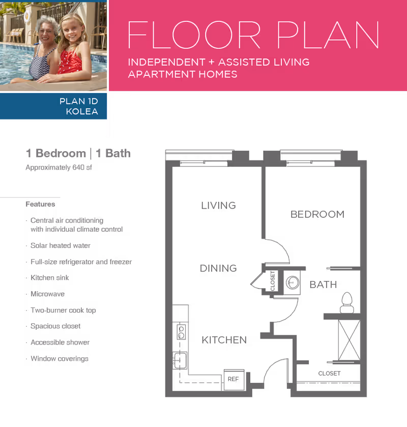 Graphic floor plan page titled 'FLOOR PLAN' for independent and assisted living showing a faint 1-bedroom/1-bath apartment layout and features list, with a small photo of two people at a pool in the corner.