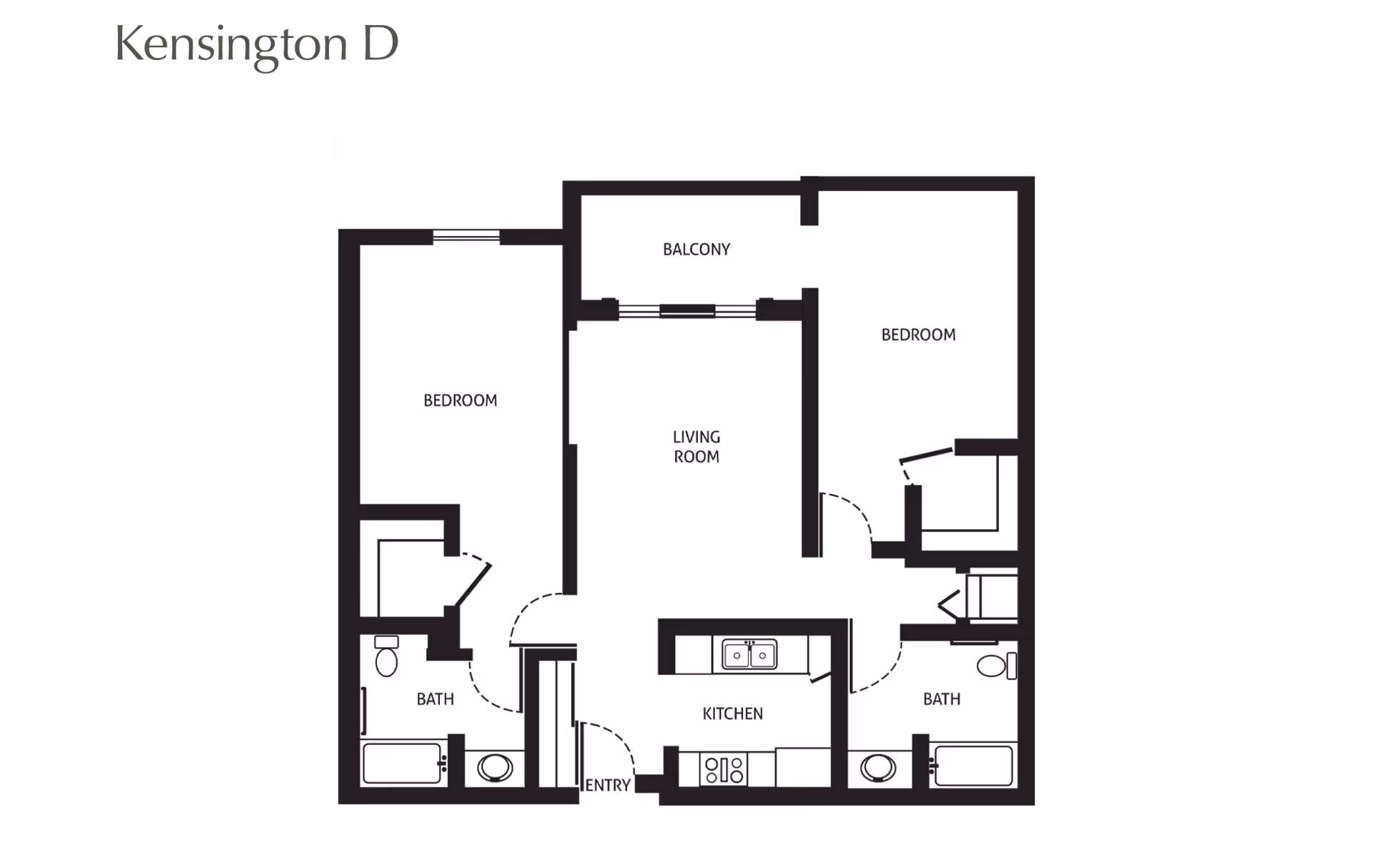 Black-and-white floor plan labeled "Kensington D" showing two bedrooms, two bathrooms, a kitchen, living room, and balcony.