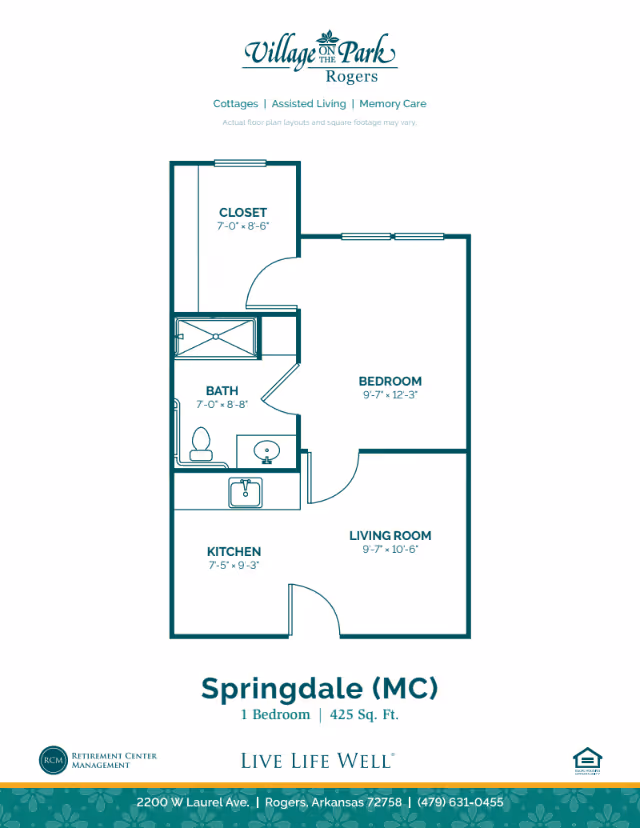 Floor plan layout of Springdale (MC) at Village on the Park Rogers showing a 1 bedroom, 425 square feet unit with labeled areas including closet, bath, bedroom, kitchen, and living room.