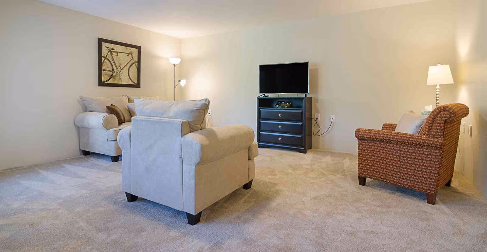 A living room with beige carpet, two beige armchairs, a patterned armchair, a black TV stand with a flat-screen TV, a floor lamp, a table lamp, and a framed picture of a bicycle on the wall.