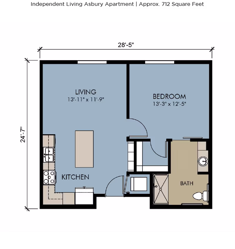 Floor plan of a one-bedroom apartment showing labeled living room, kitchen with island, bedroom and bathroom with dimensions.