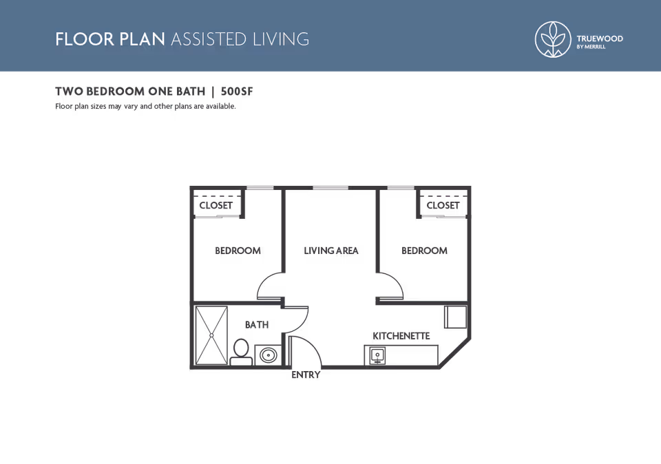 Diagram of an assisted living two-bedroom, one-bath 500 sq ft floor plan showing two bedrooms with closets, a living area, kitchenette, bath, and entry.