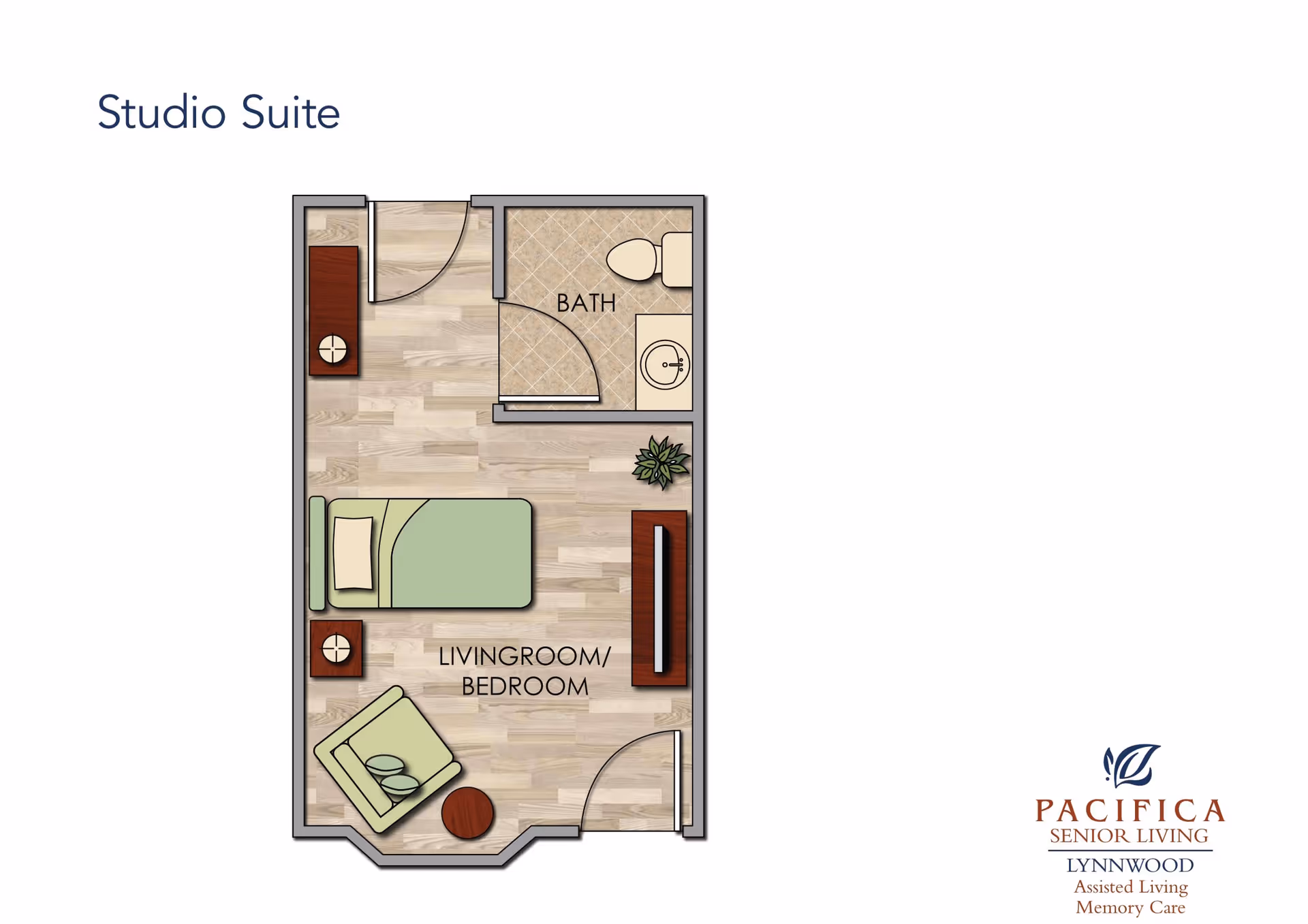 Floor plan of a studio suite showing a combined living room and bedroom area with a bed, armchair, side tables, and a TV stand. There is a separate bathroom with a toilet and sink. The layout includes two doors, one leading into the suite and one to the bathroom.