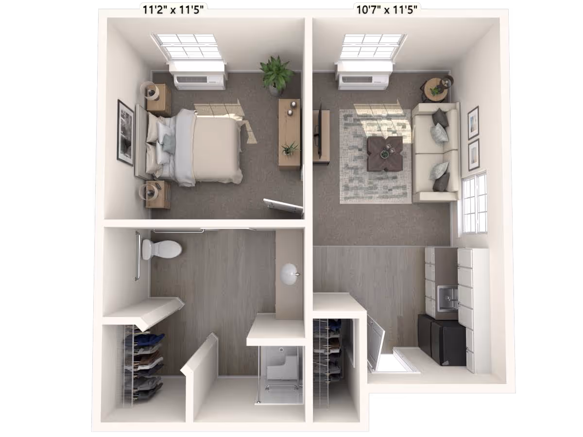 Top-down 3D floor plan of a one-bedroom apartment showing a bedroom, living room, kitchen, bathroom and closet spaces.