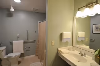 Bathroom with a toilet, grab bars, a towel hanging on the bar, a shower with a beige curtain, and a sink with a large mirror above it. The walls are painted light green and gray, and there are two wall-mounted soap or paper towel dispensers next to the mirror.