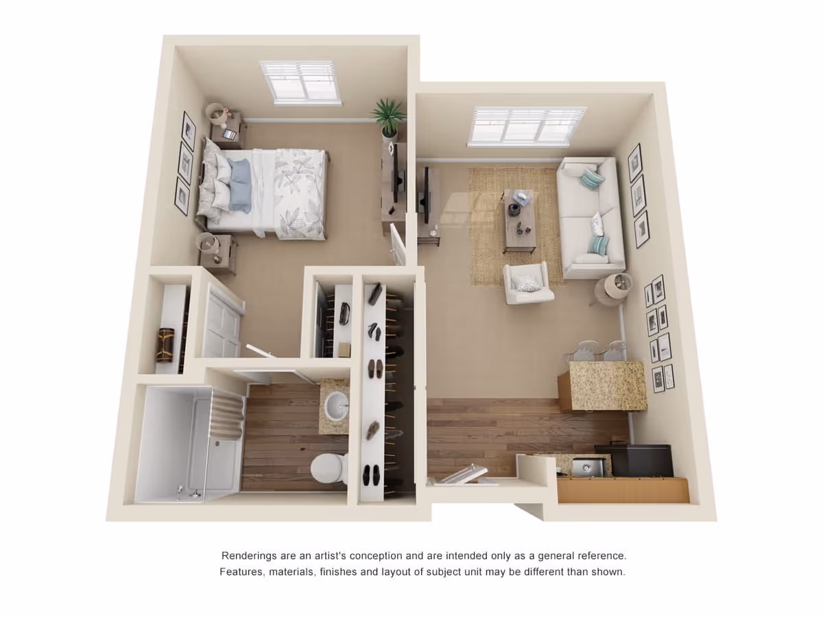 3D floor plan of a one-bedroom apartment featuring a bedroom with a bed, nightstands, and a TV, a living room with a sofa, armchair, coffee table, and TV, a kitchen area with a countertop and two bar stools, and a bathroom with a shower, toilet, and sink. There is also a closet space between the bedroom and bathroom.