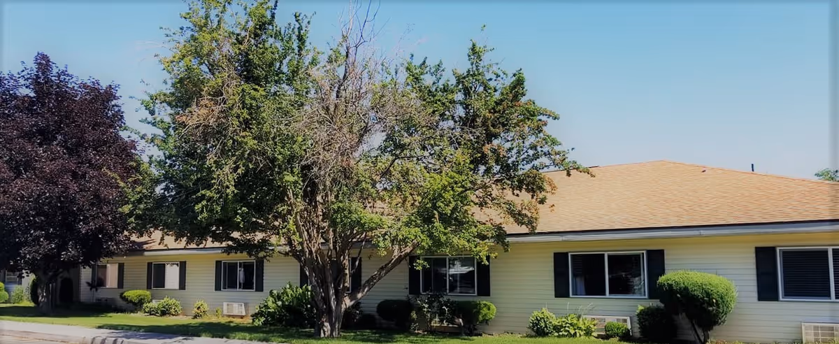 Single-story building with beige siding and a tan roof, surrounded by green trees and shrubs under a clear blue sky.