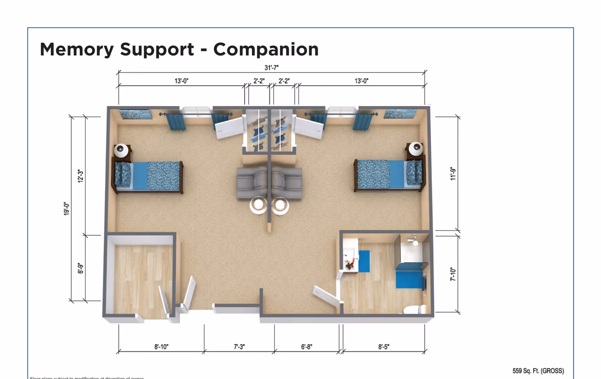 Top-down 3D floor plan titled 'Memory Support - Companion' showing two mirrored bedrooms with a shared central living area, small kitchenette/bathroom, and dimensional labels.