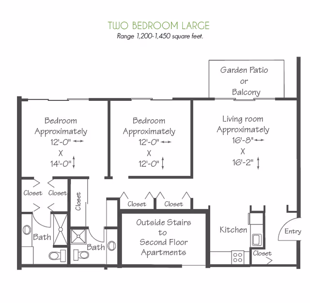 Black-and-white floor plan titled 'Two Bedroom Large' showing two bedrooms, a living room, kitchen, two bathrooms, multiple closets, and a garden patio/balcony.