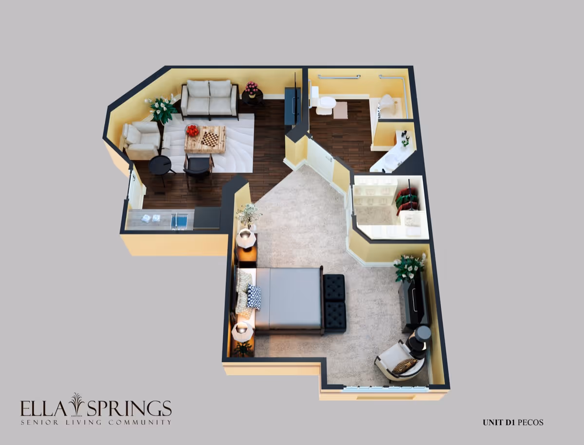 3D floor plan of a senior living unit featuring a bedroom with a bed, nightstands, and a chair, a living room with sofas, chairs, a coffee table, and a TV, a kitchen area with a sink, a bathroom with a toilet, sink, and shower, and a walk-in closet.