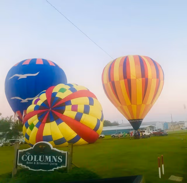 Three colorful hot air balloons on a grassy field near a sign that reads 'The Columns Rehab & Retirement Center'. The sky is clear with a soft gradient from light blue to pale pink, indicating either early morning or evening.