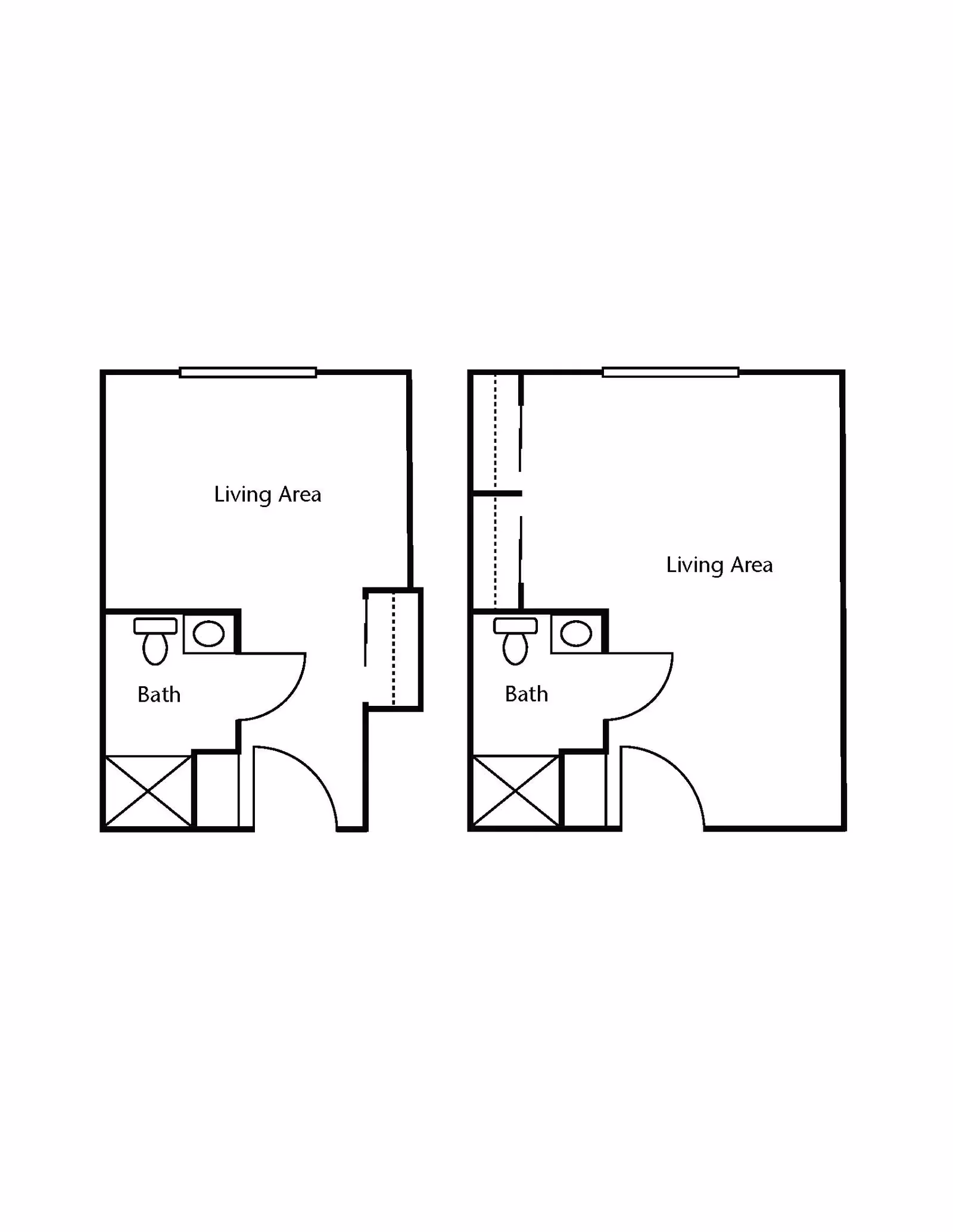 Architectural floor plan showing two similar studio apartment layouts, each with a living area and a bathroom including a toilet, sink, and shower.