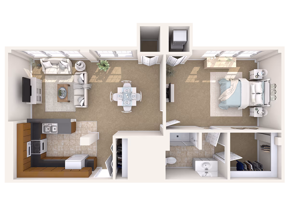 3D floor plan of a one-bedroom apartment featuring a living room with two sofas and a TV, a dining area with a table and four chairs, a kitchen with appliances and cabinetry, a bedroom with a bed and nightstands, a bathroom with a shower, toilet, and sink, and a walk-in closet.