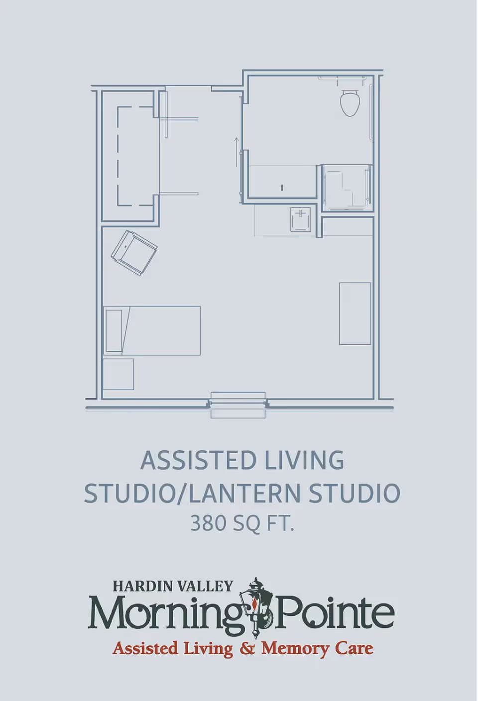 Blueprint-style floor plan of a 380 sq. ft. assisted living studio showing furniture and bathroom layout with the Morning Pointe logo.