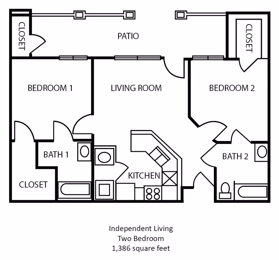 Floor plan of an independent living two-bedroom apartment with 1,386 square feet, showing two bedrooms each with a closet, two bathrooms, a kitchen, a living room, and a patio.