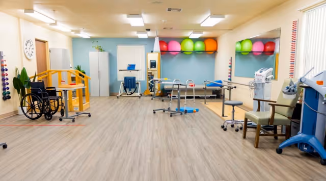 A spacious physical therapy or rehabilitation room with exercise equipment, a wheelchair, therapy balls on a wall rack, parallel bars, chairs, and medical devices. The room has light-colored walls and wood flooring.