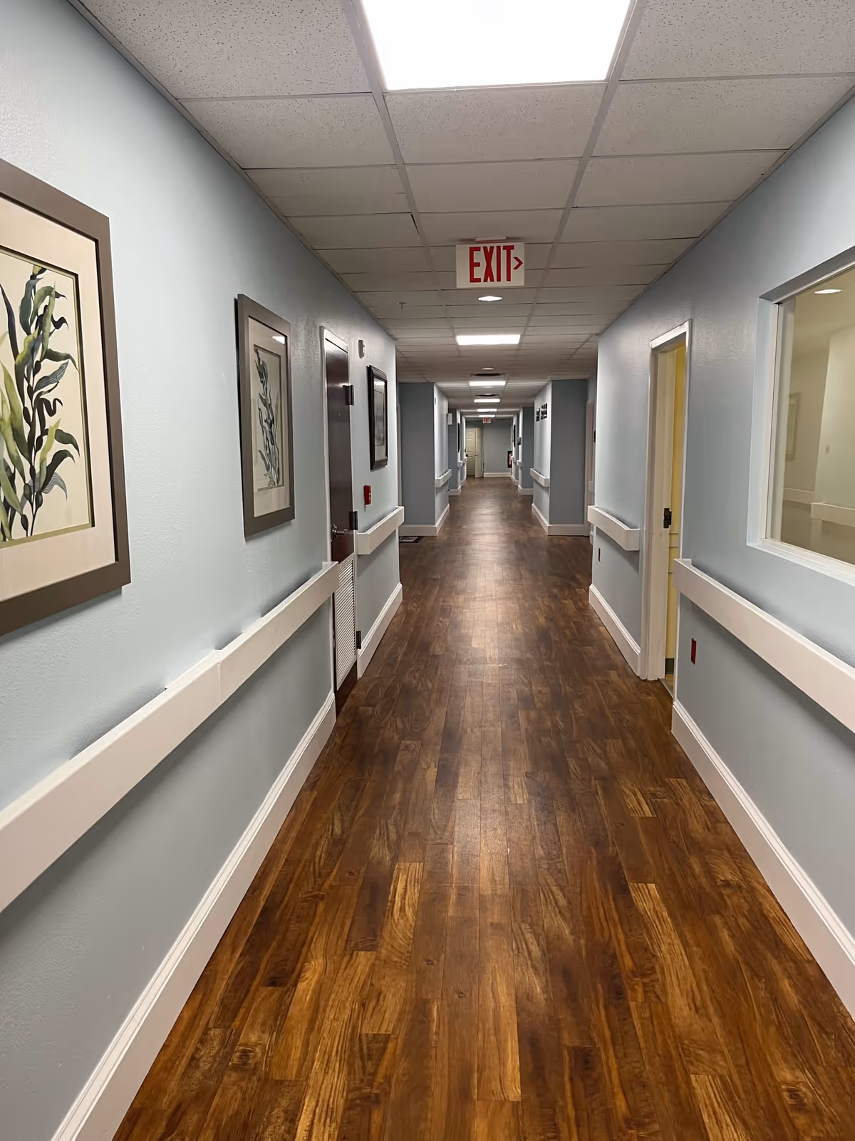 A long, clean hallway in Cedar Creek Assisted Living with wood flooring, light blue walls, white handrails on both sides, framed botanical artwork on the left wall, several closed doors, and an illuminated exit sign at the ceiling.