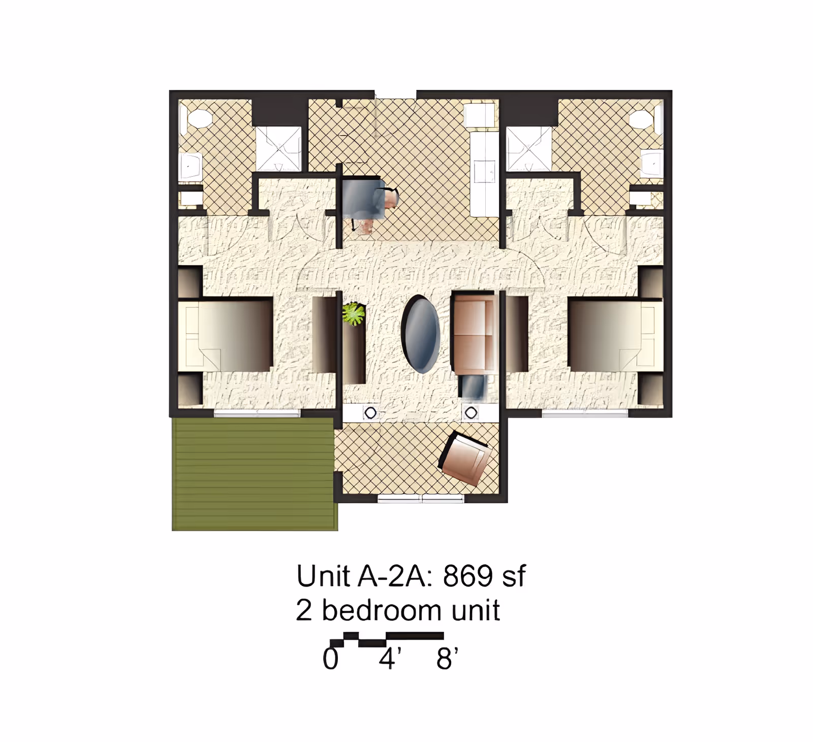 Top-down colored floor plan of a 2-bedroom apartment (Unit A-2A, 869 sf) showing two bedrooms, living area, kitchen, two bathrooms and an outdoor patio.