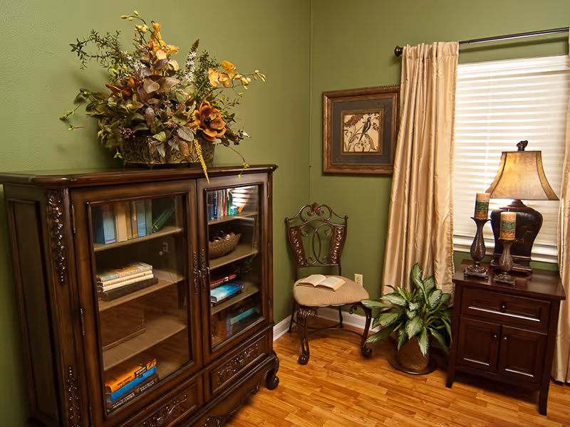 Cozy sitting area with a wooden glass-front bookcase, decorative chair, side table with a lamp, and houseplants against green walls.
