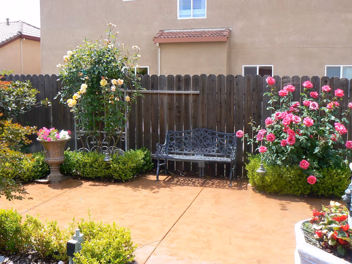 A peaceful outdoor garden area with a decorative black metal bench against a wooden fence. The garden features blooming pink and yellow roses, green shrubs, and a large planter with colorful flowers. The ground is paved with a light brown surface, and a beige building with windows is visible in the background.