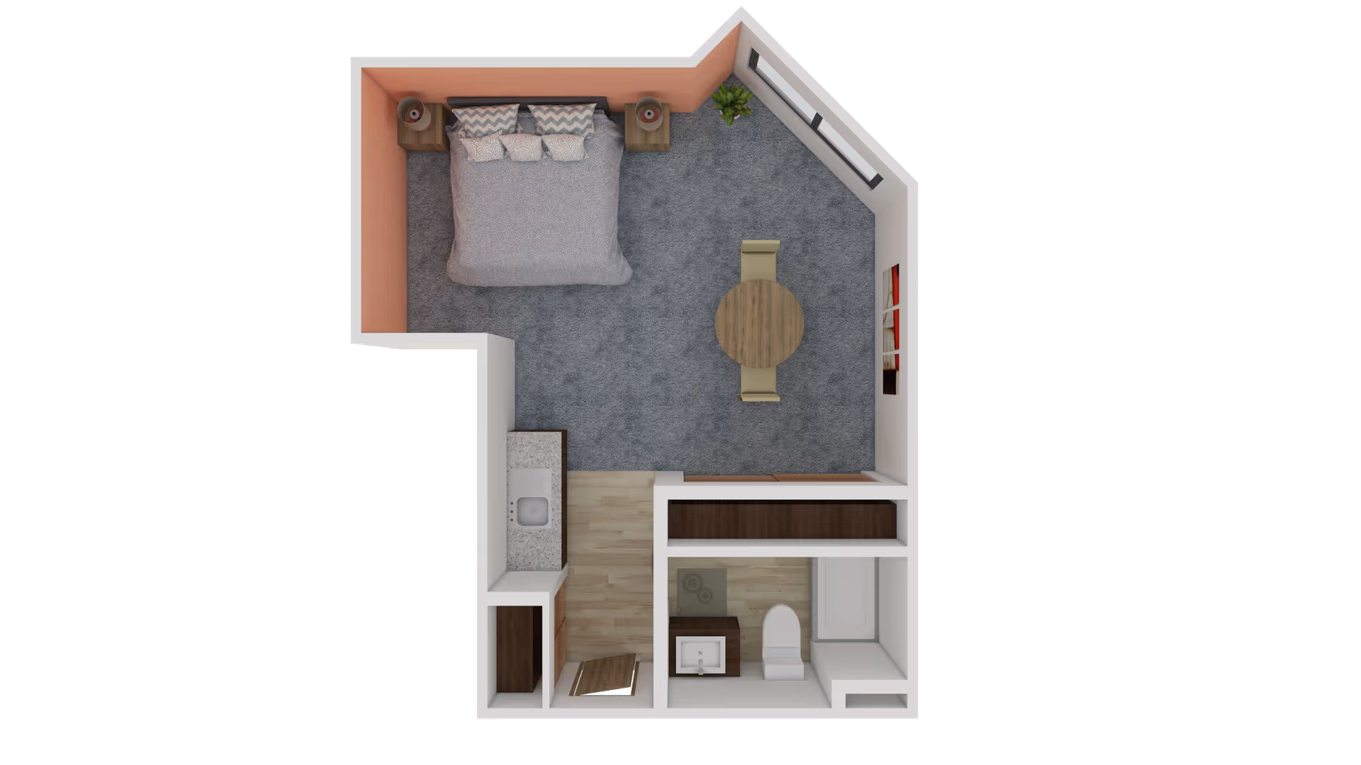 3D floor plan of a senior living studio apartment featuring a bedroom area with a bed and two nightstands, a small dining area with a round table and two chairs, a kitchenette with a sink and countertop, and a bathroom with a toilet, sink, and bathtub.