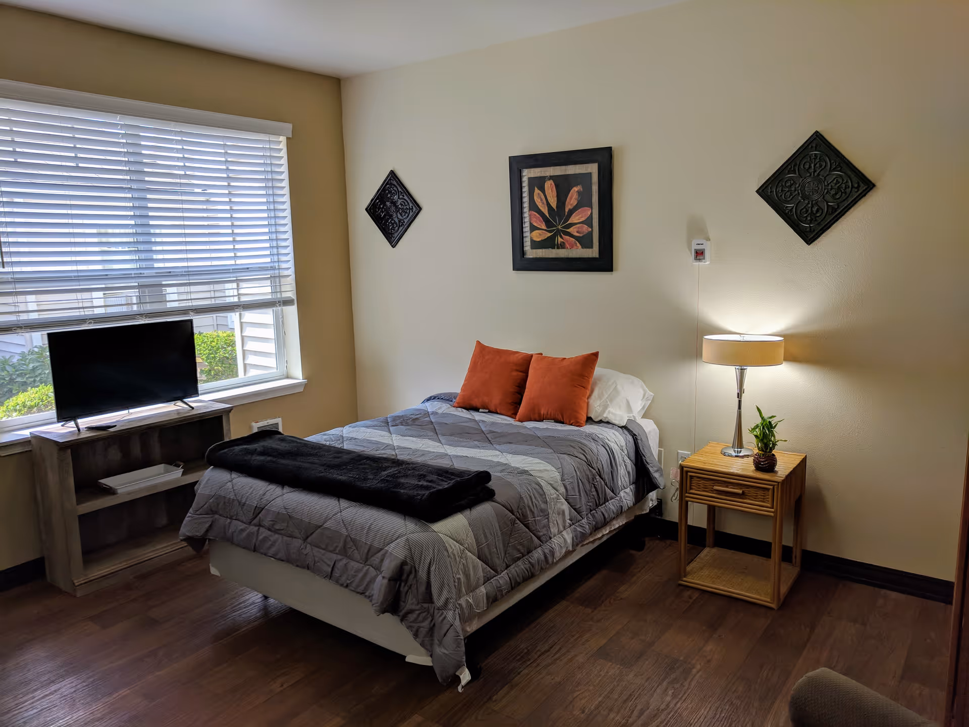 A cozy bedroom with a single bed covered in a gray and white patterned comforter, two orange pillows, and a black throw blanket. Next to the bed is a wooden nightstand with a lamp and a small plant. A window with white blinds lets in natural light, and a small TV sits on a wooden stand beneath the window. The walls are decorated with three pieces of wall art.