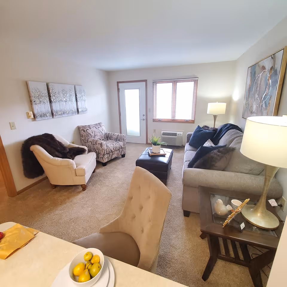 A cozy living room with beige carpet, a gray sofa with dark pillows, two armchairs including one with a patterned fabric and one cream-colored with a dark throw, a small dark ottoman with a plant on top, a side table with a lamp and decorative items, a window with blinds, and a door with frosted glass. A dining table with a beige cushioned chair and a bowl of fruit is partially visible in the foreground.