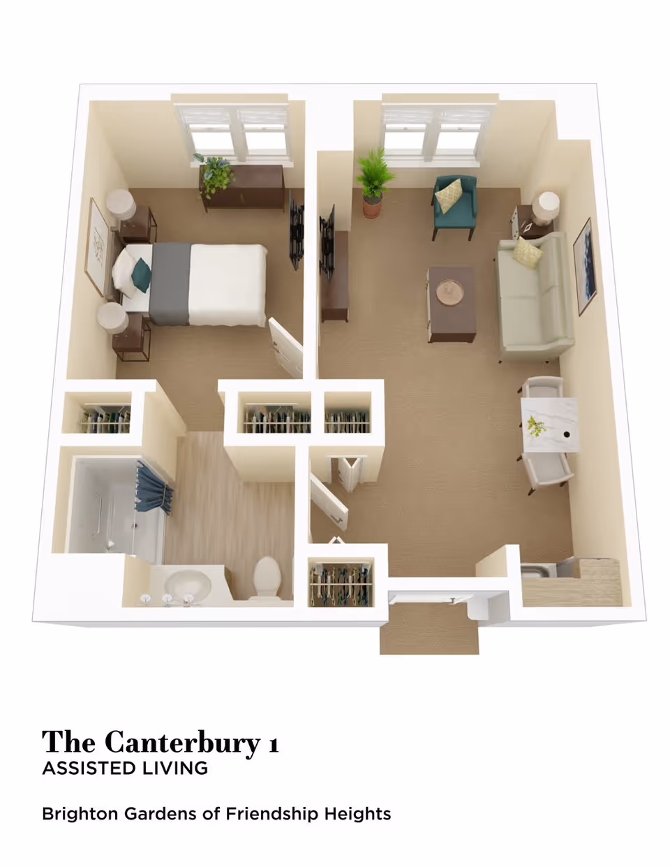 3D floor plan of an assisted living apartment named The Canterbury 1 at Brighton Gardens of Friendship Heights, showing a bedroom with a bed and nightstands, a living room with a sofa, chair, coffee table, and small dining table with two chairs, a bathroom with a shower, sink, and toilet, and multiple closets.