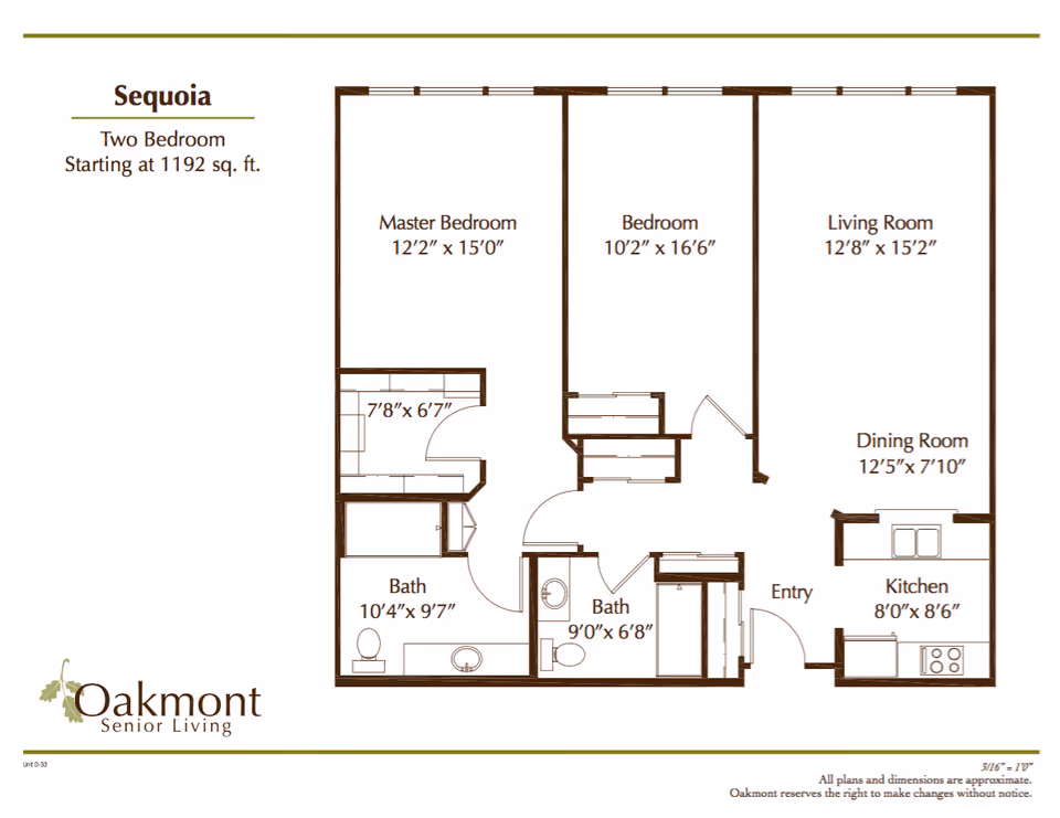 Floor plan of the Sequoia two-bedroom apartment at Oakmont Senior Living, showing a master bedroom, a second bedroom, two bathrooms, a living room, dining room, kitchen, and entry area with dimensions for each room.