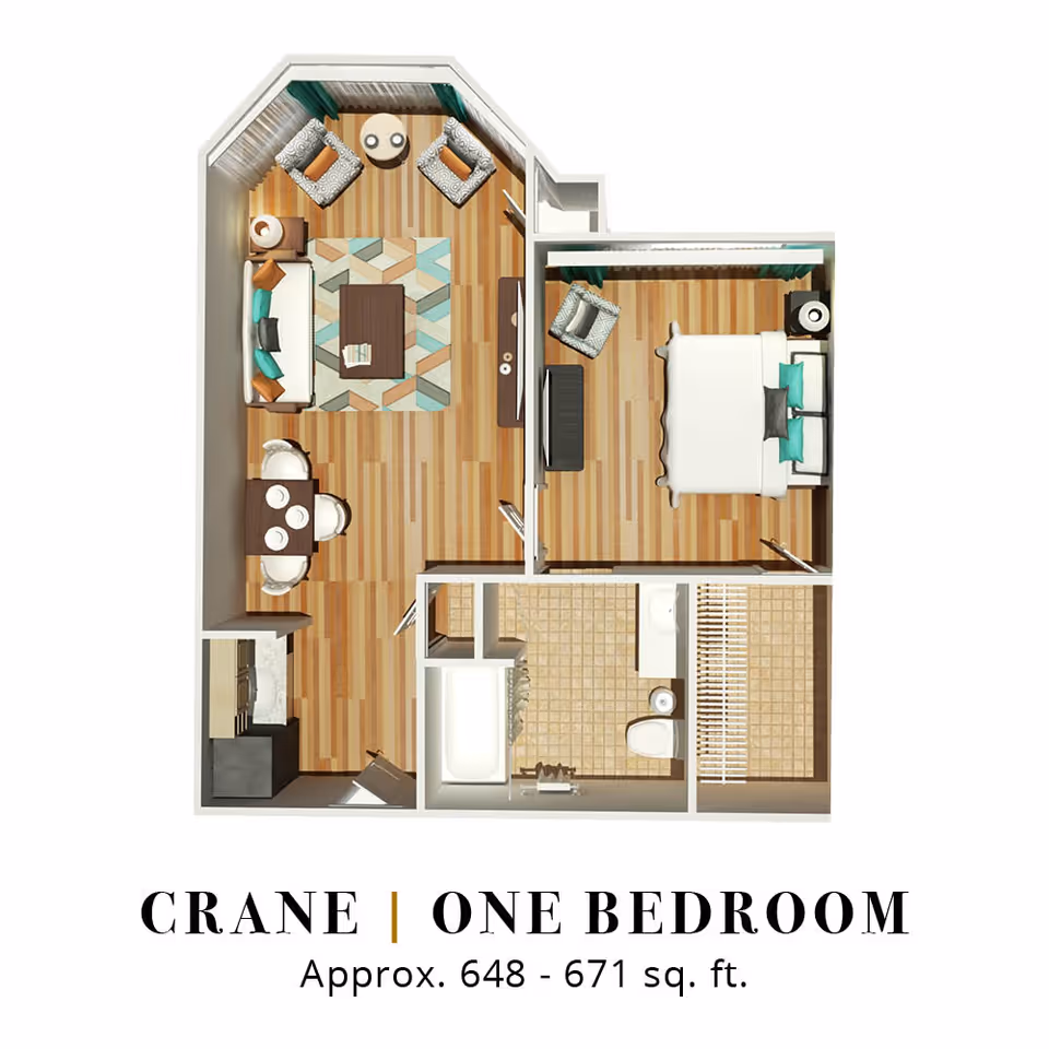Floor plan of a one-bedroom apartment named Crane, approximately 648 to 671 square feet, showing a living room with seating and a dining area, a kitchen, a bedroom with a bed and chair, a bathroom with a bathtub, toilet, and sink, and a closet.