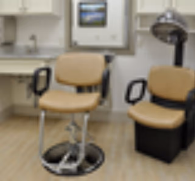 Interior of a salon or grooming area with two tan salon chairs, one with a footrest and the other positioned under a hair dryer, light-colored wooden flooring, and white cabinetry in the background.