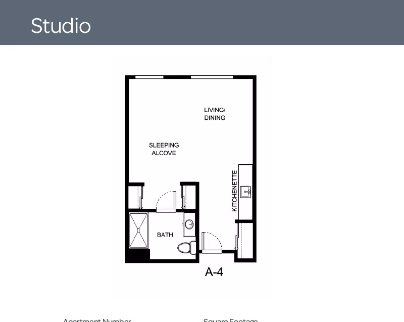 Floor plan of a studio apartment labeled A-4 at South Wind Heights, showing a living/dining area, sleeping alcove, kitchenette, and bathroom with shower and toilet.