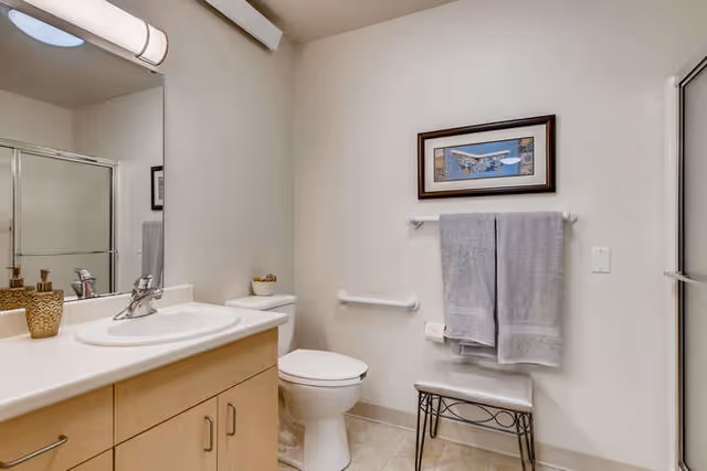 Bright bathroom with a sink vanity, toilet with grab bar, towel rack and bench, and a glass-enclosed shower.