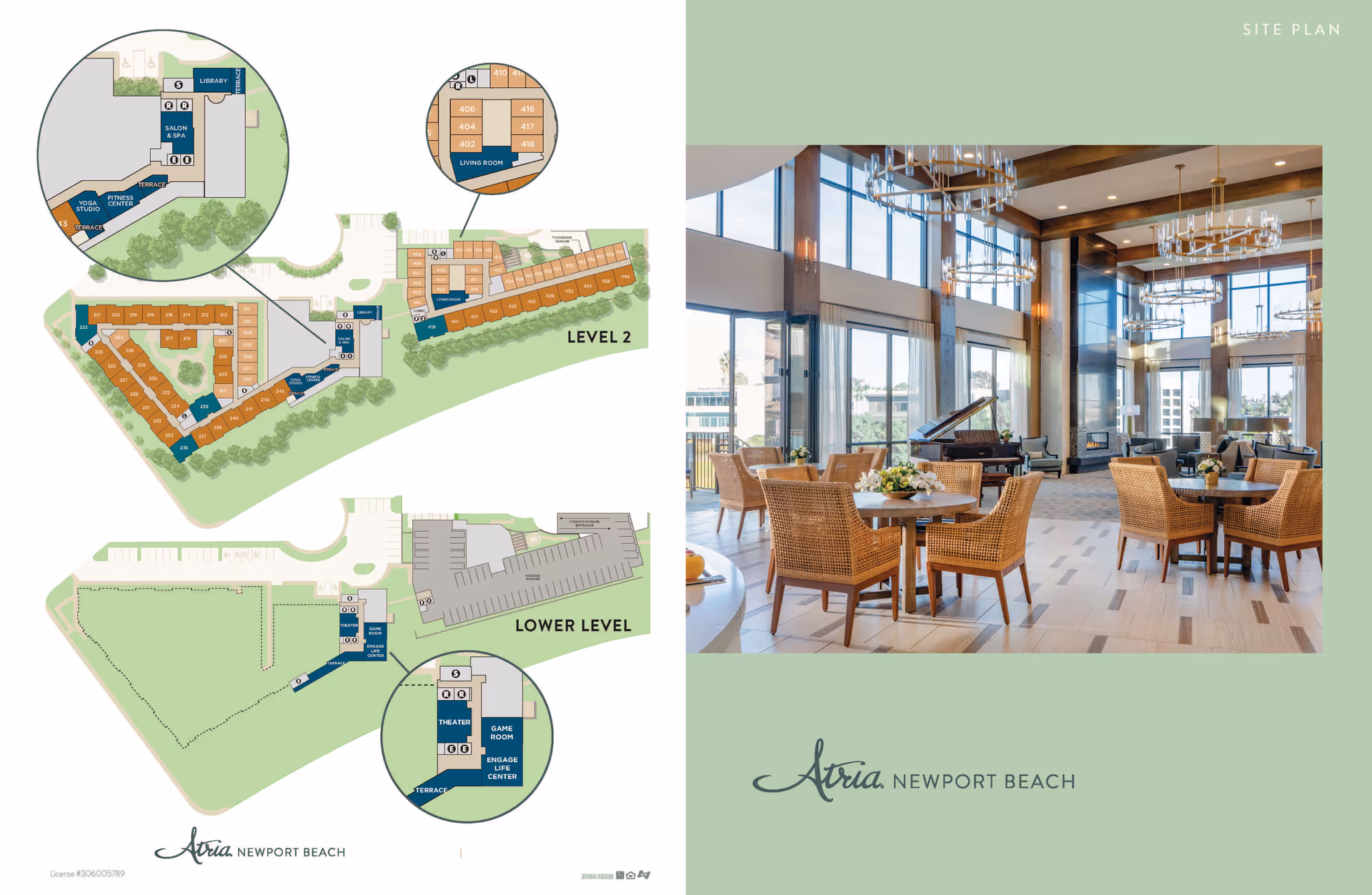 A site plan layout of Atria Newport Beach on the left side showing different levels including lower level and level 2 with labeled areas such as library, salon & spa, yoga studio, fitness center, theater, game room, and engage life center. On the right side, a spacious, well-lit common area with large windows, wicker chairs around round tables, chandeliers, a grand piano, and a fireplace is visible.