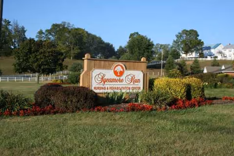 Exterior view of the Sycamore Run Nursing and Rehabilitation Center sign.