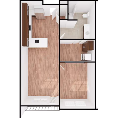 Top-down floor plan of a small apartment unit featuring a kitchen with cabinets and appliances, a bathroom with a toilet and sink, and two additional rooms with wood flooring and windows.