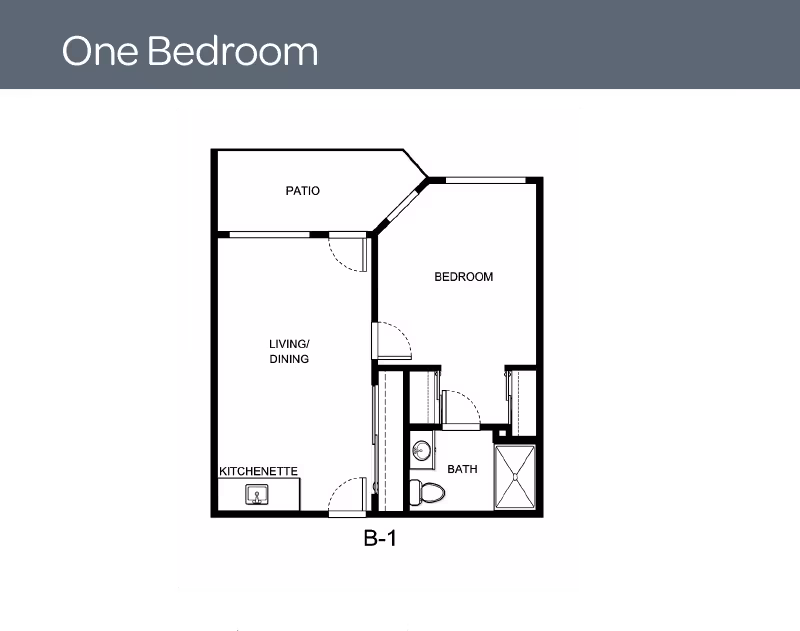 Black-and-white one-bedroom apartment floor plan labeled B-1 showing a living/dining area, kitchenette, bedroom, bathroom, and patio.