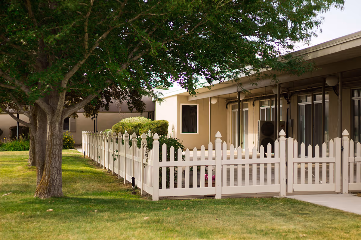 A white picket fence encloses a small garden area next to a beige building with large windows and a covered walkway. There is a large tree and green grass surrounding the fenced area.