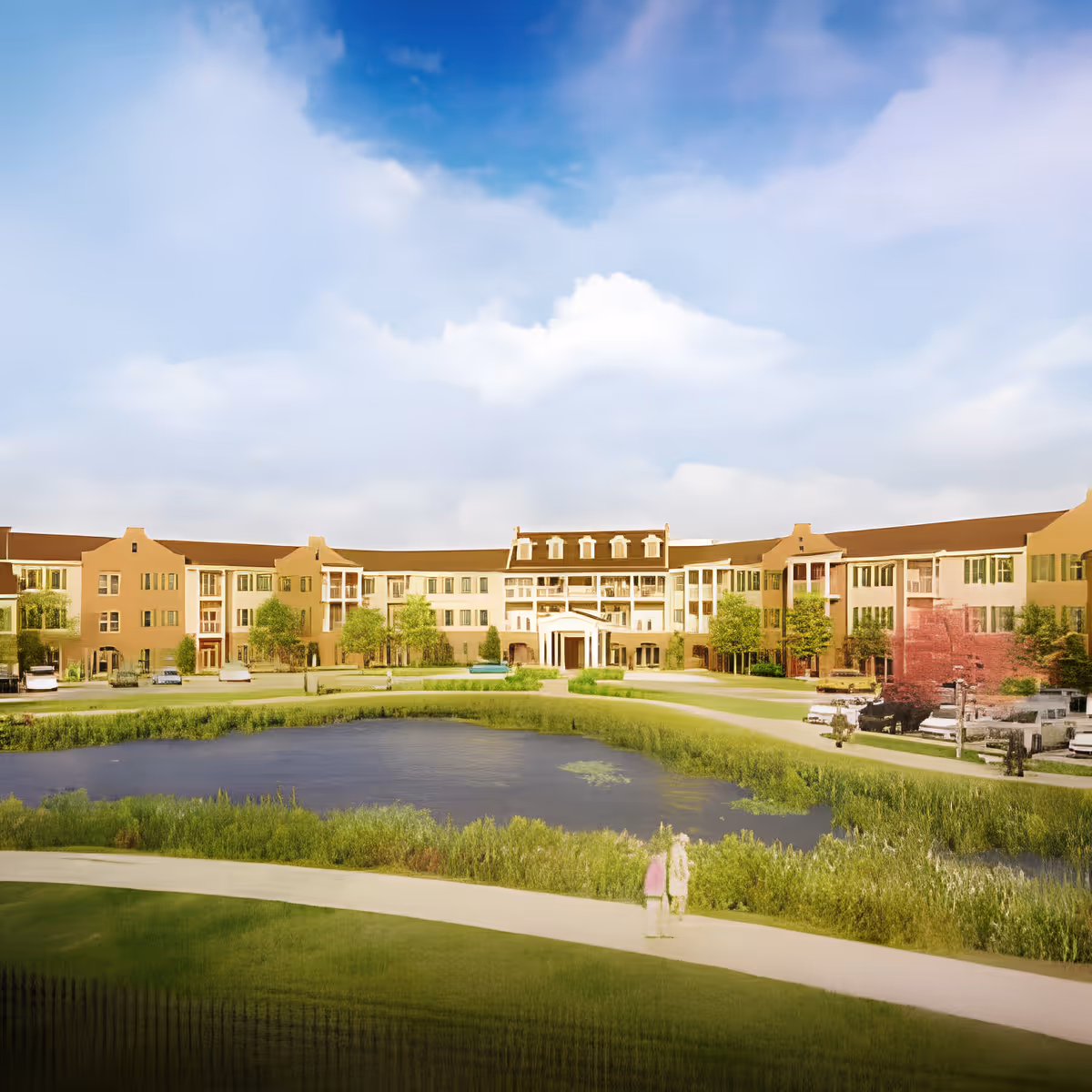 Exterior view of a large senior living facility named The Cottages at the Glen, featuring a three-story building with multiple windows and balconies. In front of the building is a pond surrounded by green grass and a walking path, with two people walking along the path. The sky is partly cloudy with blue and white hues.