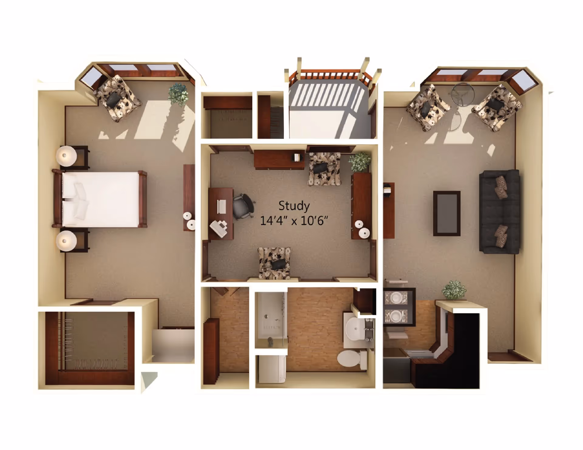 3D overhead floor plan of a one-bedroom apartment showing a bedroom, study labeled 14'4" x 10'6", living room, kitchen, and bathroom.