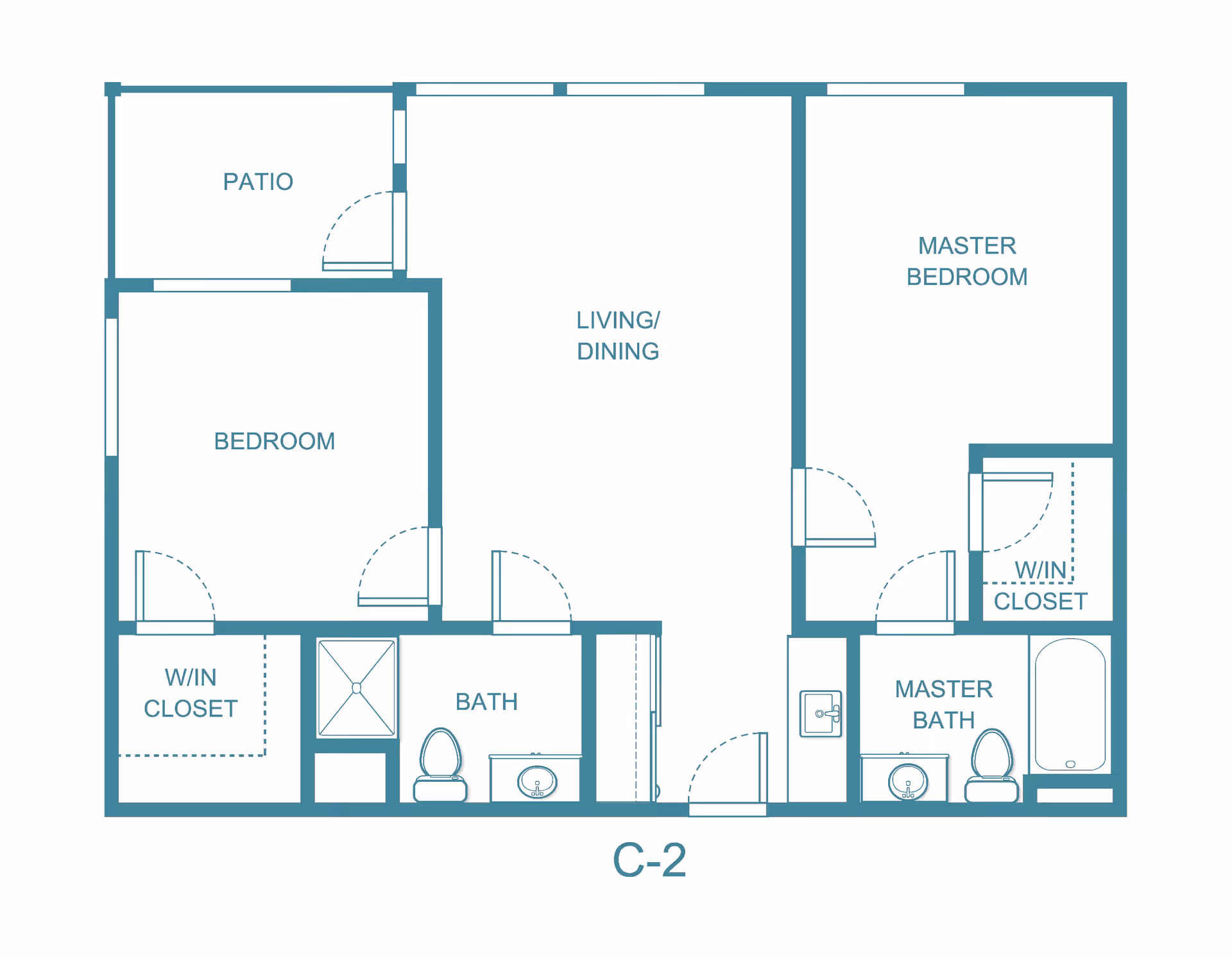 Floor plan labeled C-2 showing a layout with a patio, bedroom with walk-in closet, living/dining area, master bedroom with walk-in closet, master bath, and a separate bath.