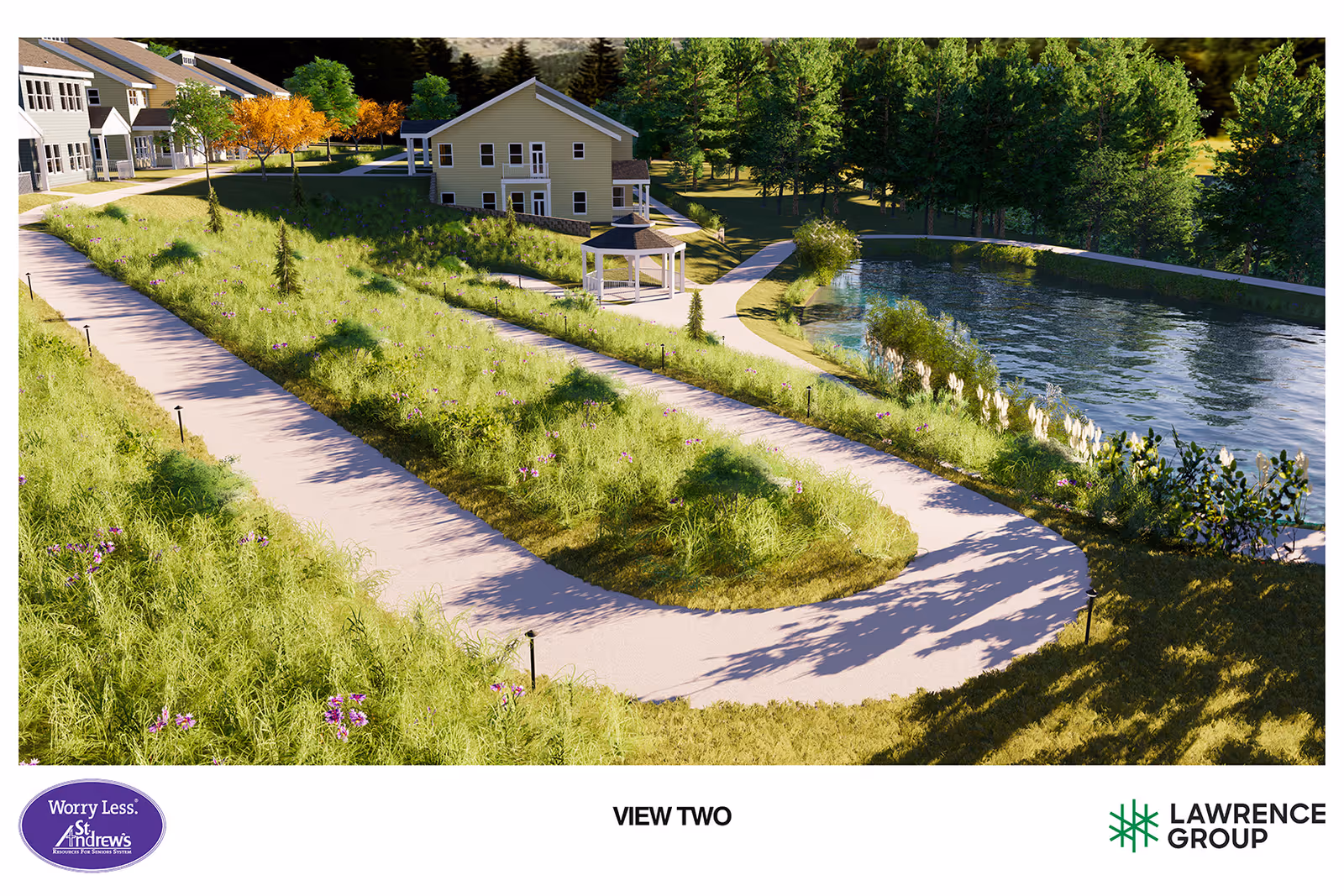 Outdoor view of a senior living facility with paved walking paths, green grassy areas with flowers, a small gazebo, a pond, and several buildings surrounded by trees.