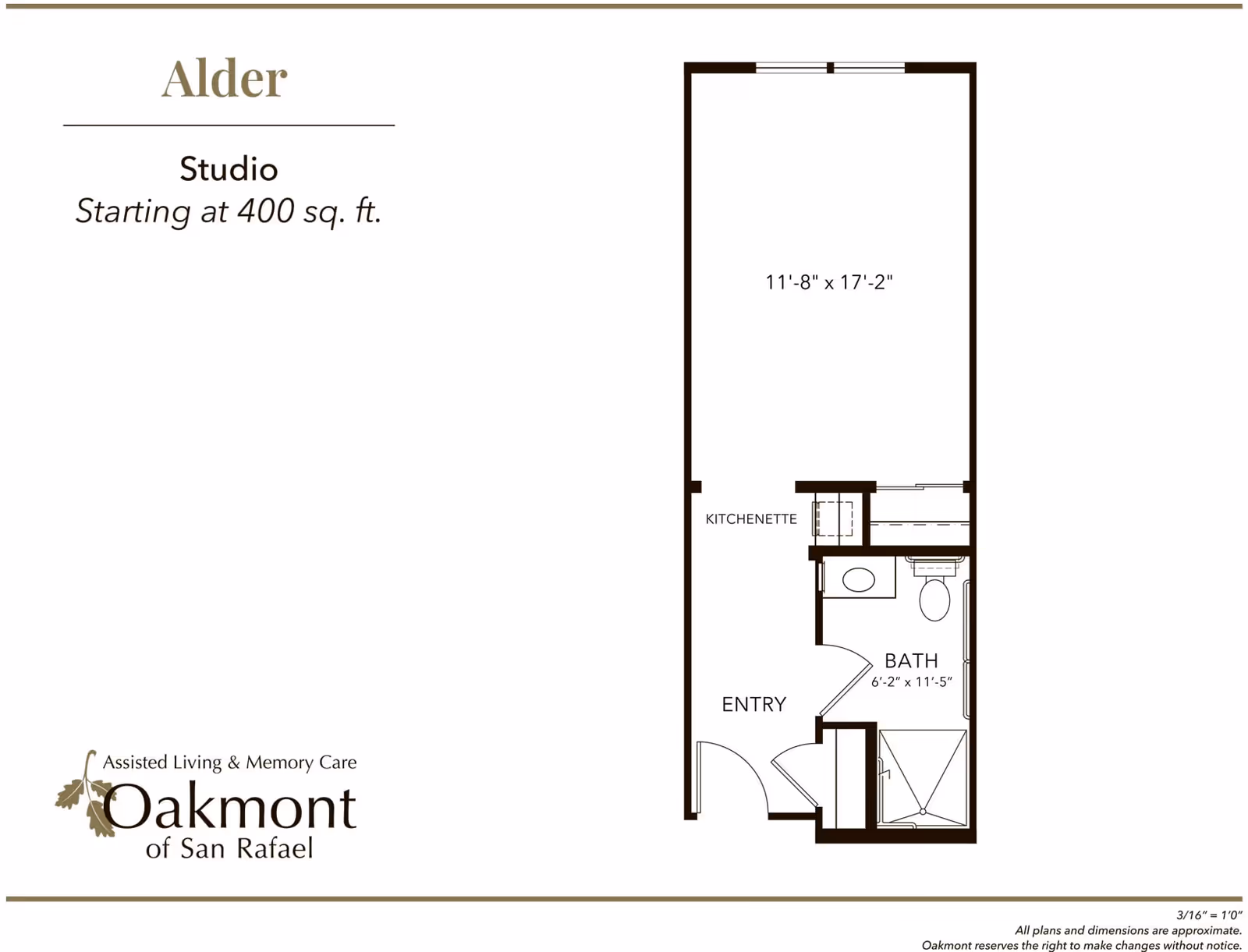 Floor plan of a studio apartment named Alder, starting at 400 square feet, showing an entry area, kitchenette, bathroom with shower, toilet, and sink, and a main living space measuring 11 feet 8 inches by 17 feet 2 inches. The plan is from Oakmont of San Rafael, an assisted living and memory care facility.