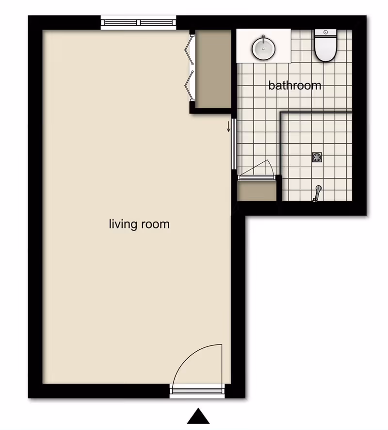 Floor plan showing a living room area connected to a bathroom with a sink, toilet, and shower.