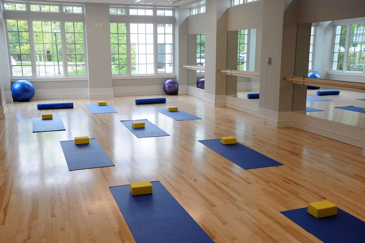 A bright exercise room with wooden floors and large windows letting in natural light. The room contains several blue yoga mats each with a yellow yoga block placed on top. There are also blue foam rollers and large exercise balls near the windows. Mirrors line one wall with a wooden barre attached.