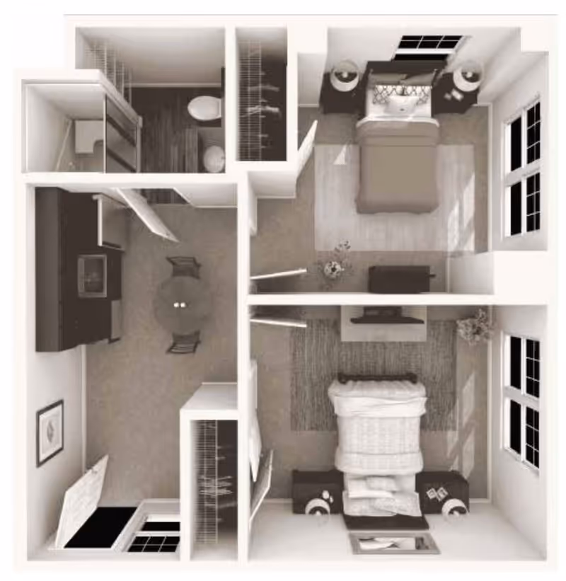 Top-down view of a two-bedroom apartment floor plan featuring a kitchen and dining area on the left, a bathroom in the top left corner, and two bedrooms on the right side. The bedrooms each have a bed, nightstands, and windows. The kitchen includes cabinetry and appliances, with a small round dining table and chairs nearby.